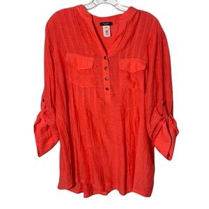 Cocomo Women Blouse Plus 1X Orange Pleated 3/4 Roll Tab Sleeve Pocket Gauze Top